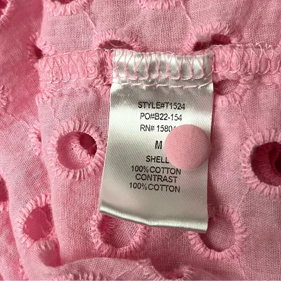 Lena Pink Sheer Eyelet Crochet Button Up Blouse Barbie Preppy Coastal M Y2k - Picture 8 of 12